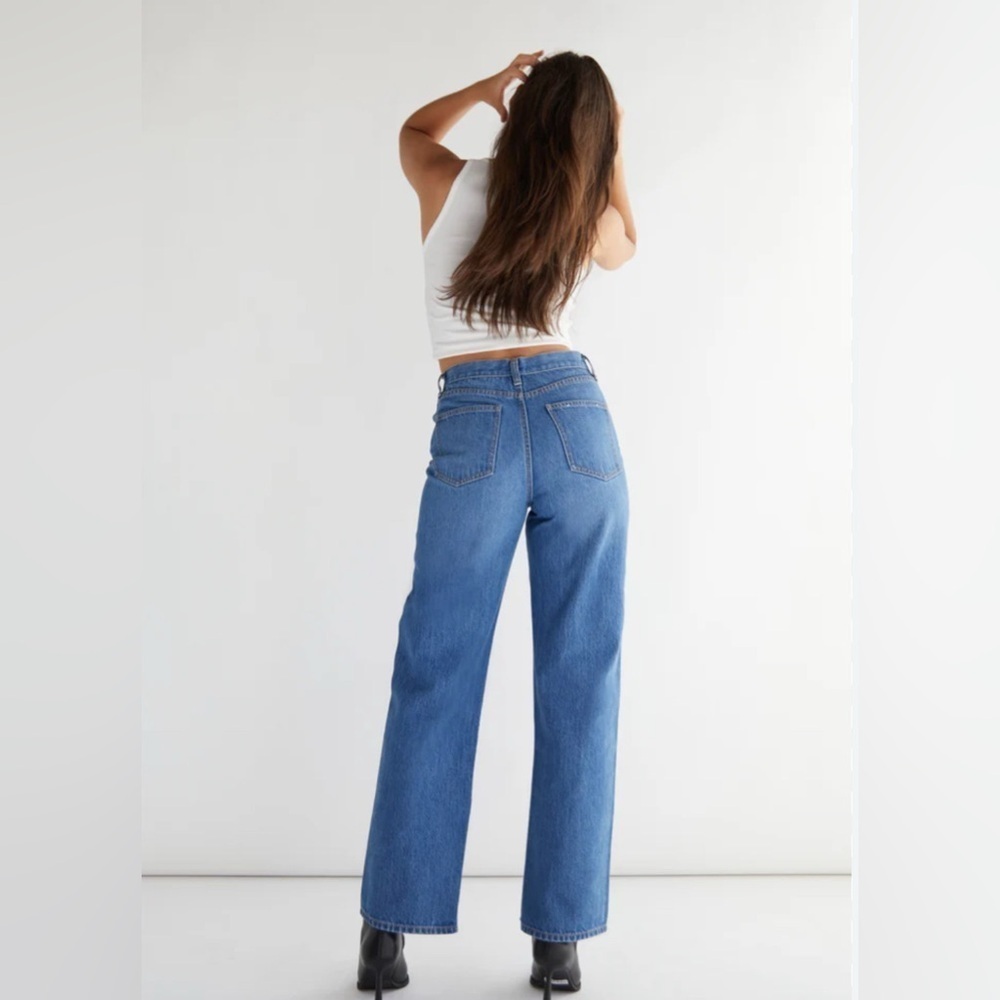 OAK + FORT Blue High Rise Long Length Split Hem Wide Leg Jeans. Size-30